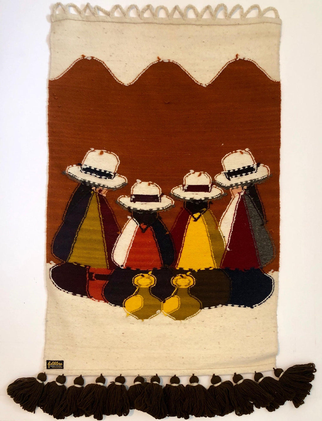 Vintage Handwoven Tapestry Wool, Metal Folk Art Rug Weaving Wall Hanging