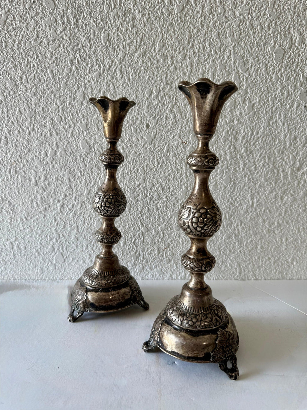 Rare 19th C. Antique Silver Judaica Shabbat Candlesticks Polish Russian, Szekman
