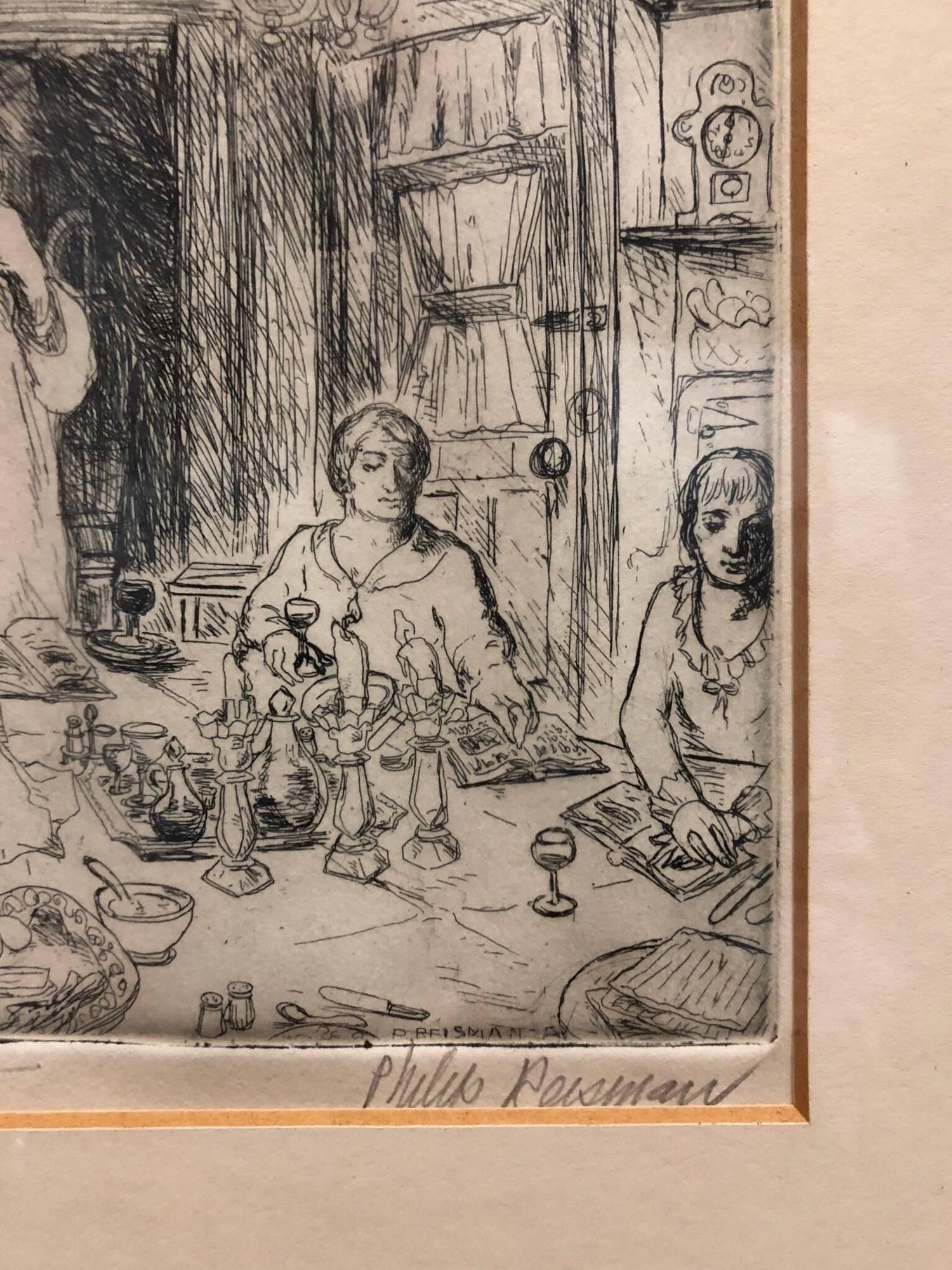 Judaica Etching Passover Seder Scene WPA Artist