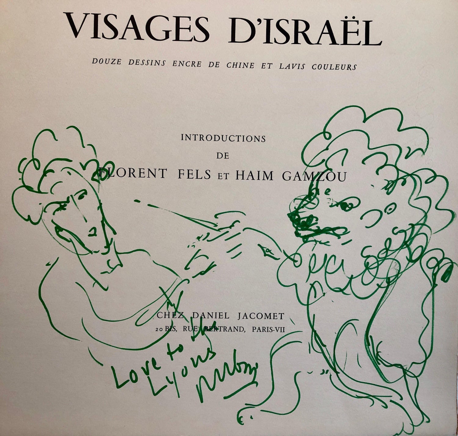 Original Drawing Reuven Rubin Self Portrait with Lion Modern Israeli Art 1960s