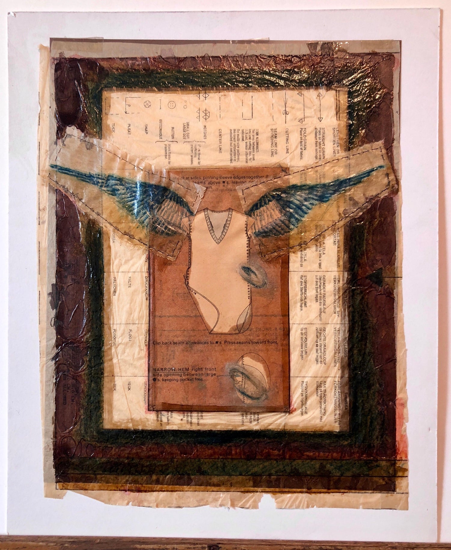 Angel Wings Mixed Media Collage Painting Assemblage Piece Stitched and Sewn