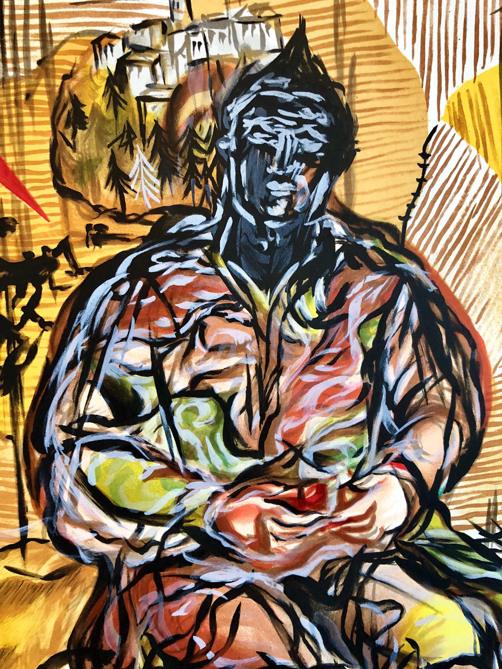 Large lithograph Italian Post Modernist Bright Figurative Pop Art Figure w Dog