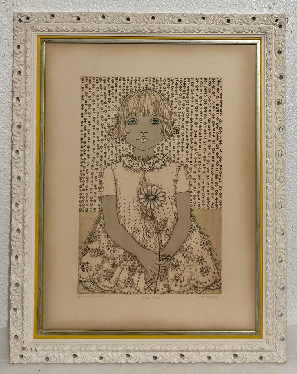 Hand Colored Etching Cuca Romley Naive Folk Art Young Girl Period Frame