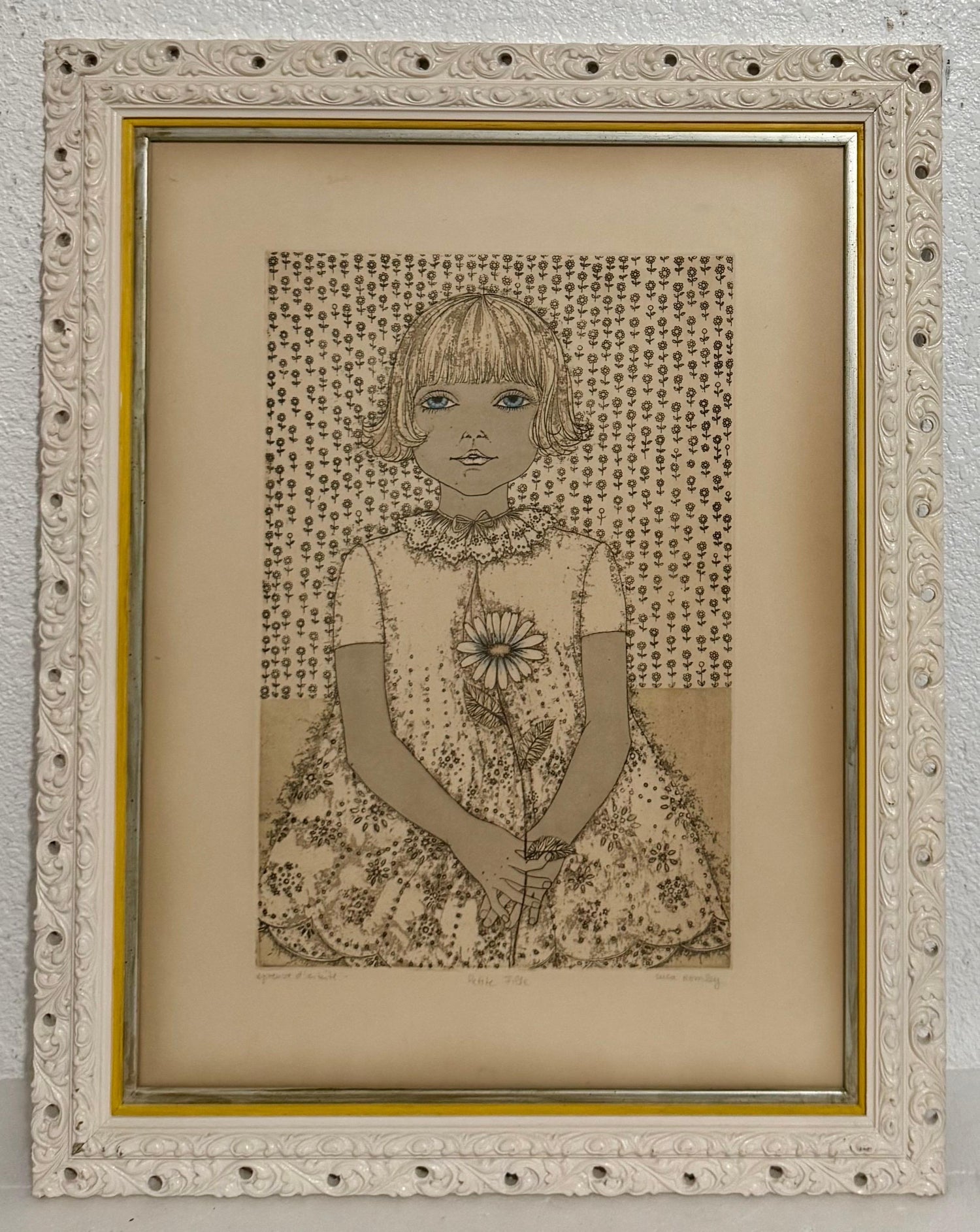 Hand Colored Etching Cuca Romley Naive Folk Art Young Girl Period Frame