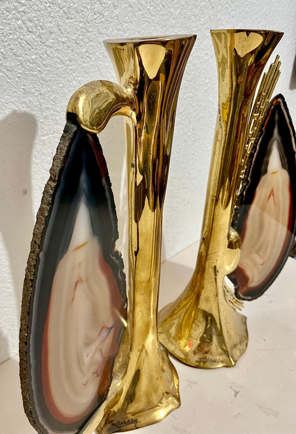 1970s French Brass & Raw Mineral Agate Specimen Sculpture Art Candlesticks Pair