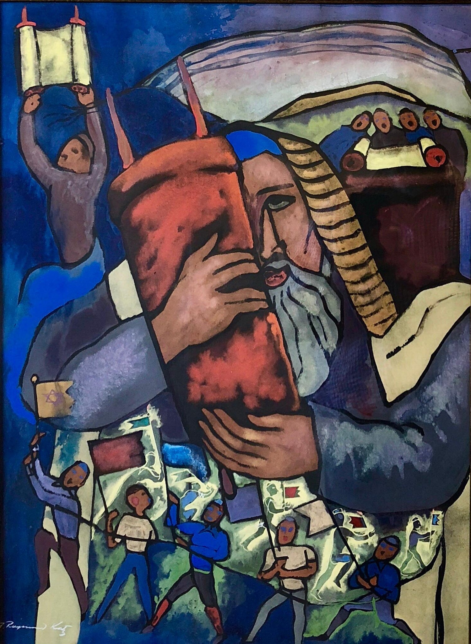 Chicago Jewish Modernist Judaica Painting Simchat Torah WPA Artist Israeli Flags