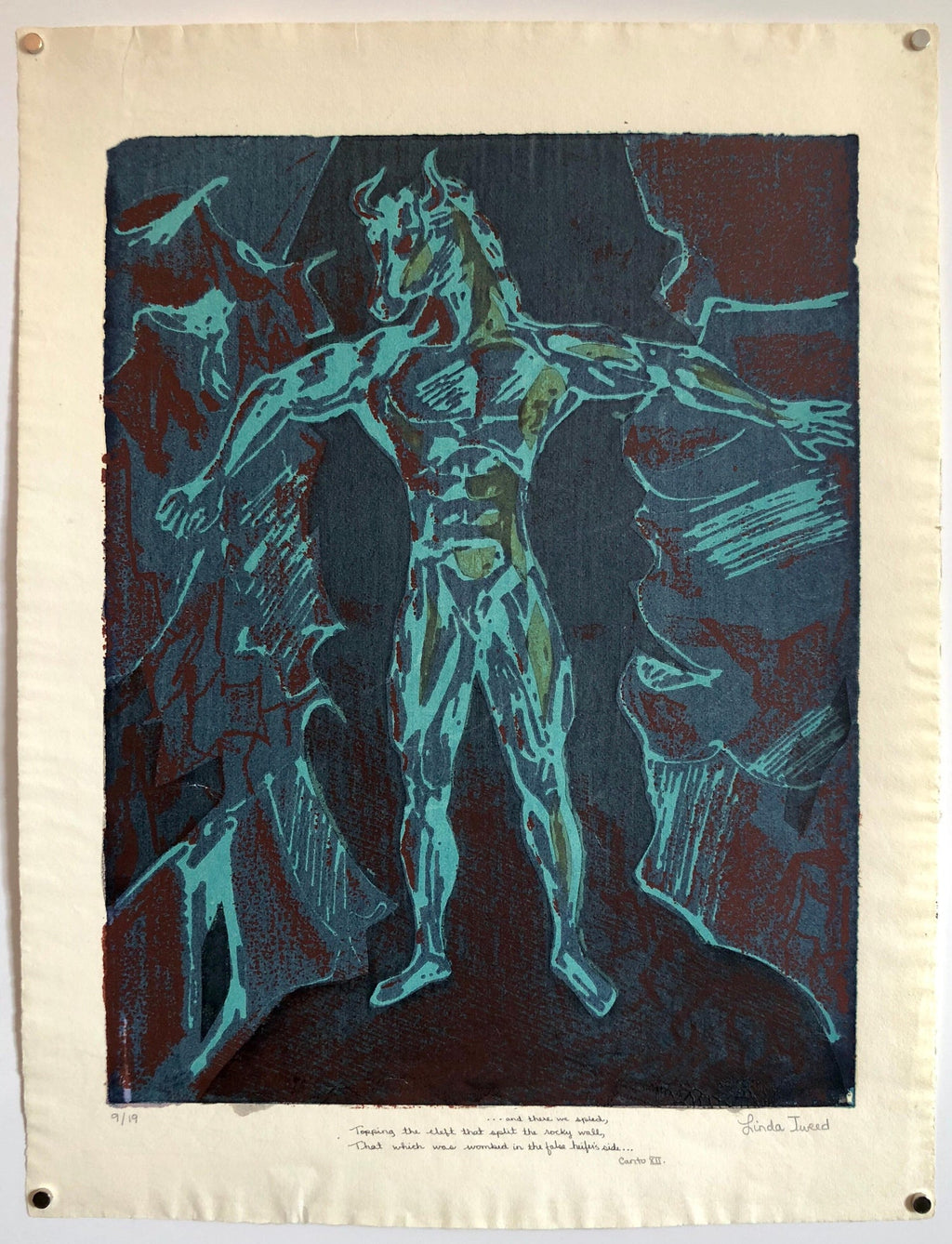 Vintage Vibrant Mod Mythological 1960's Psychedelic Woodblock Woodcut Print