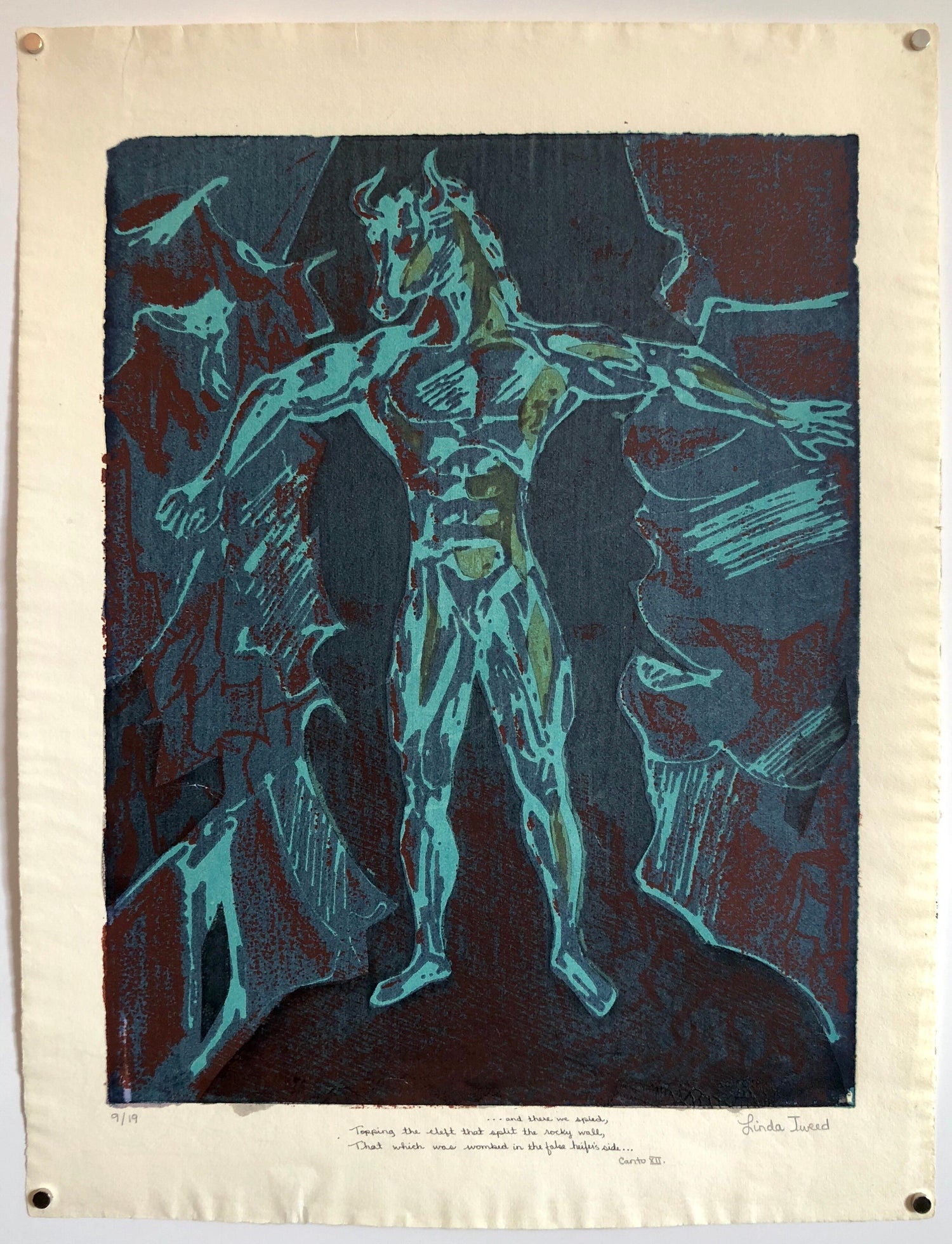 Vintage Vibrant Mod Mythological 1960's Psychedelic Woodblock Woodcut Print