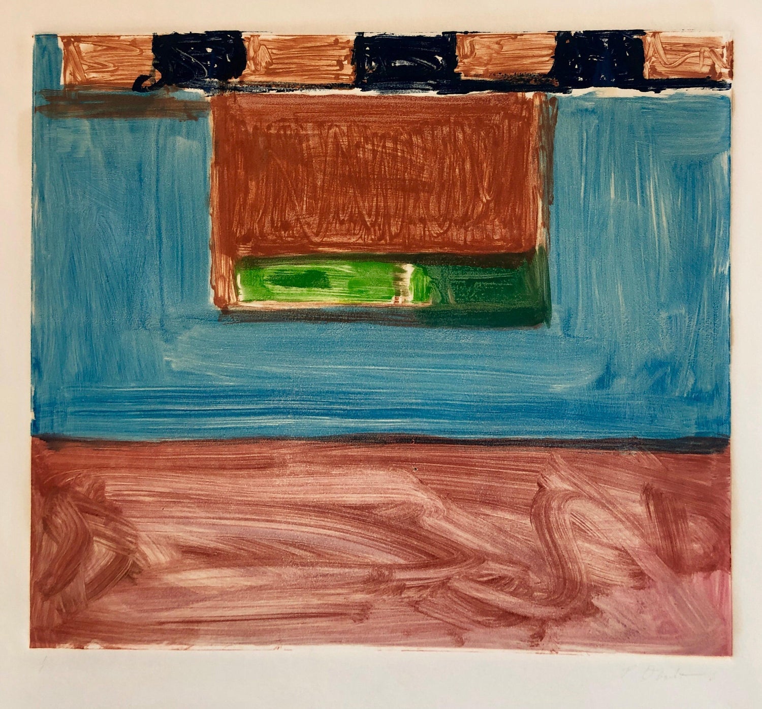 Abstract Expressionist Modernist Denim Blue Monoprint Monotype Painting Print