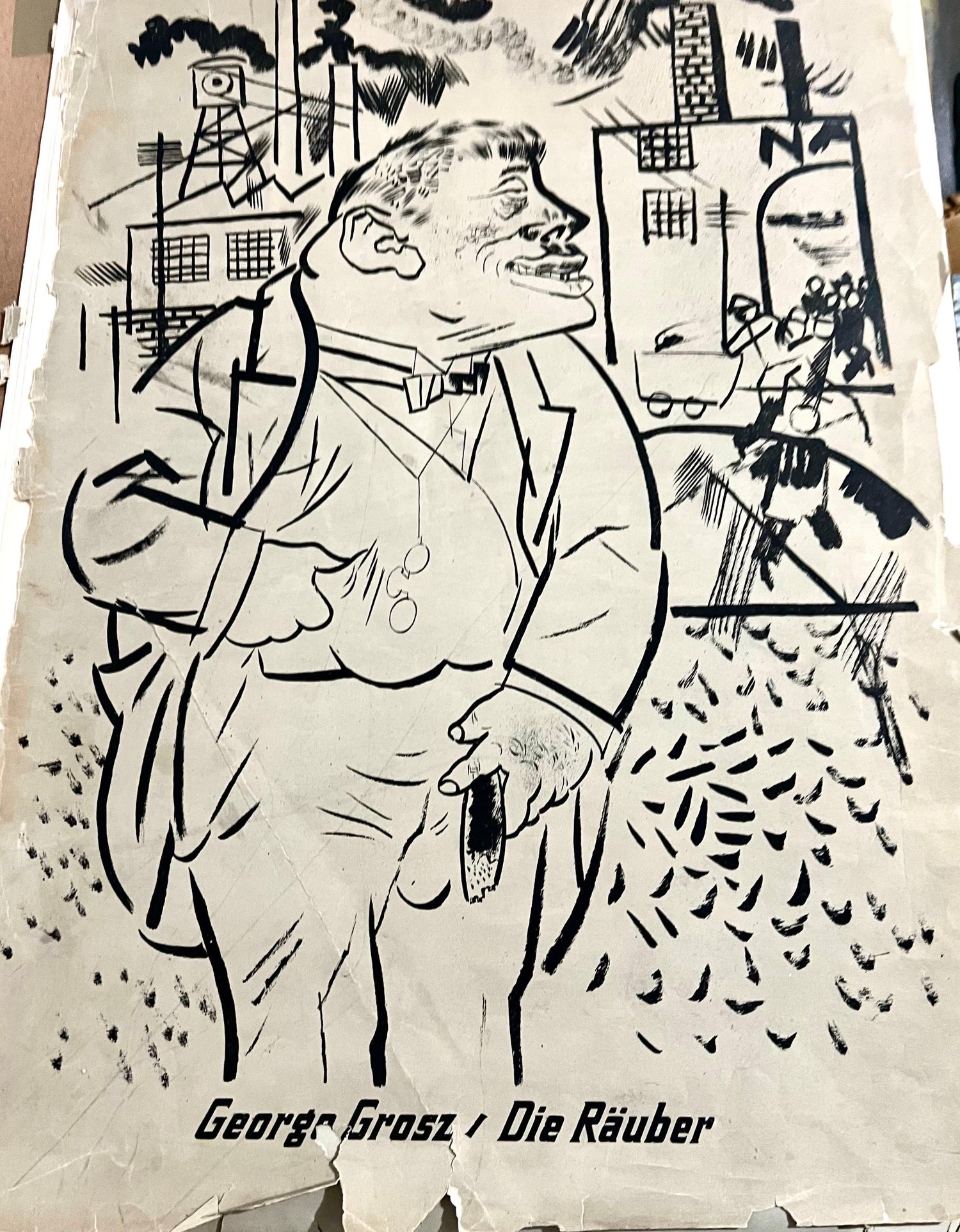 Large George Grosz 1923 Lithograph Die Rauber German Expressionism WPA Realism