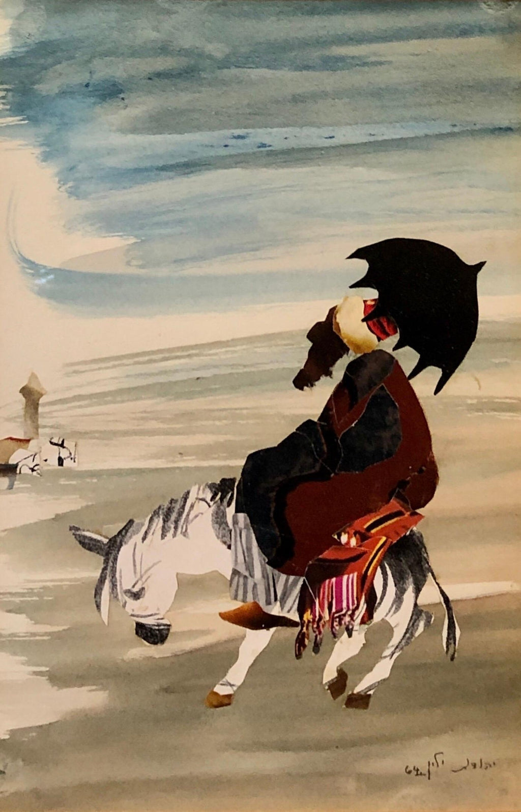 Israeli Abstract Figure Torn Paper Collage Watercolor Painting Bezalel Woman Art