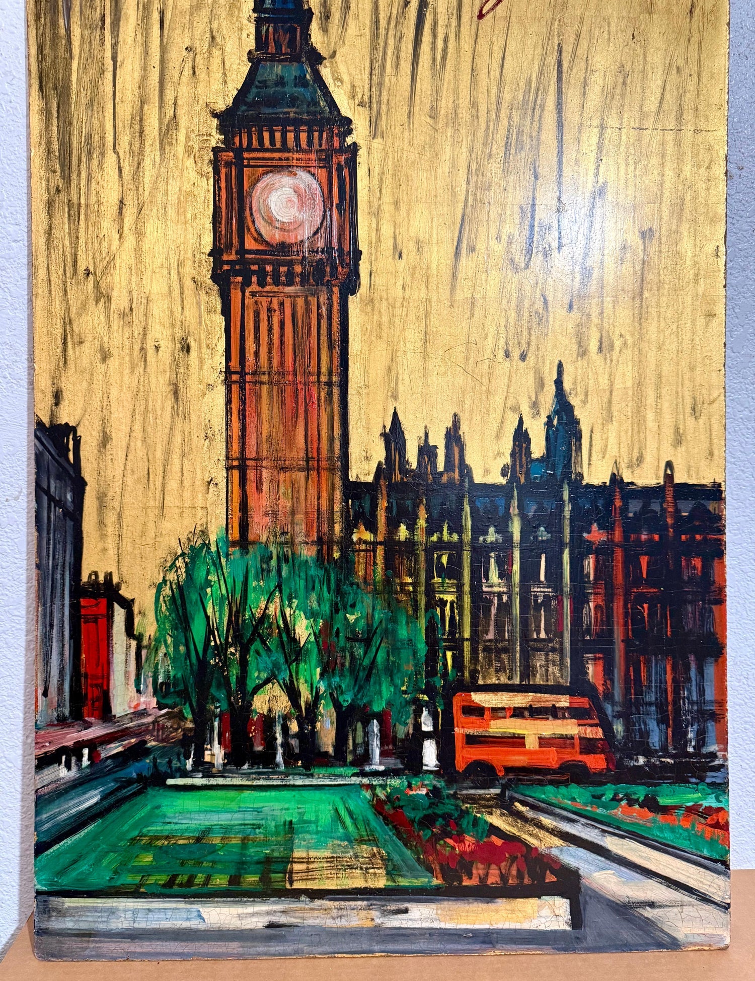 Large London Big Ben Mod Mid Century Architectural Modernist Gold Leaf Painting