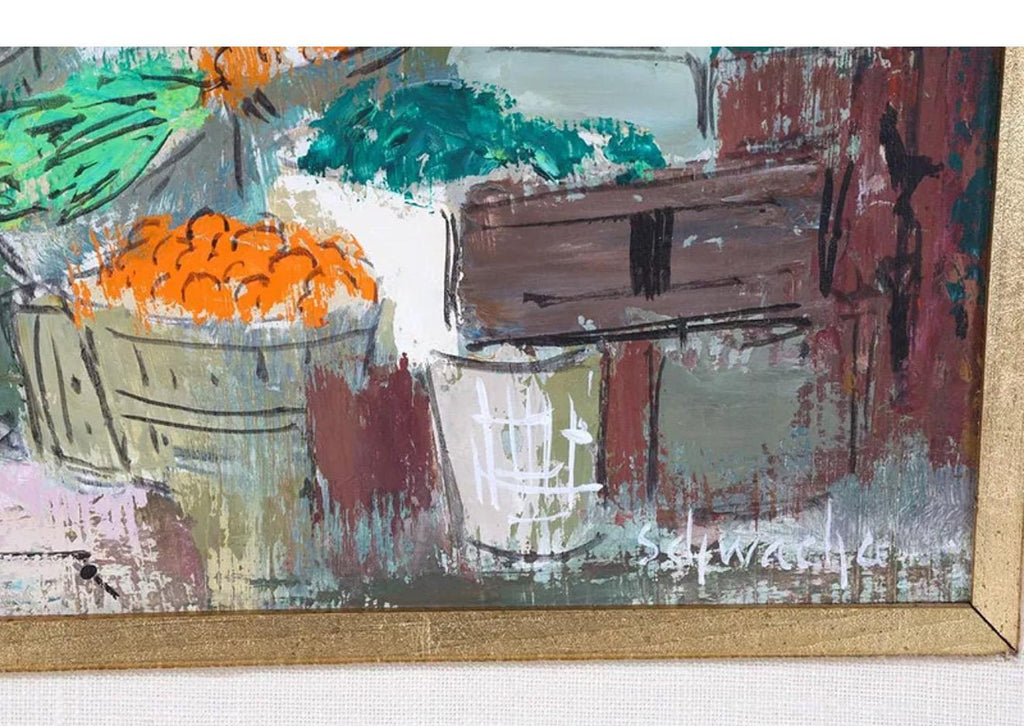 Modernist Oil Painting George Schwacha Brooklyn Street Scene Fruit Market WPA