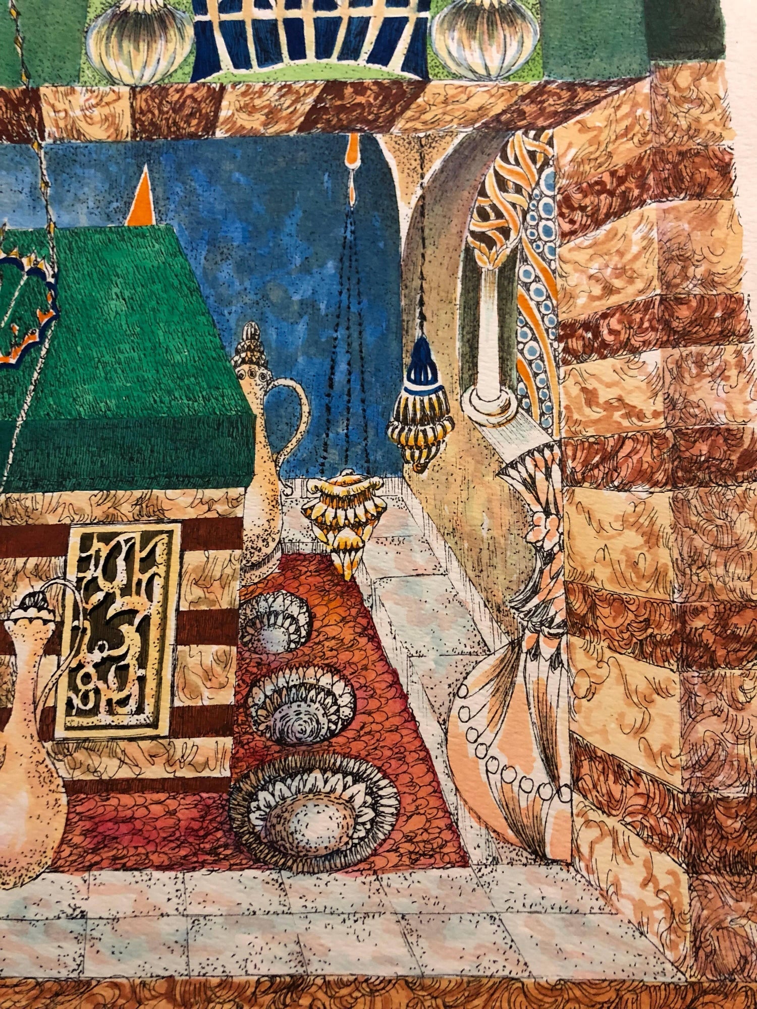 Machpela Cave Chevron 1969 Israeli Judaica Mixed Media Print Watercolor Painting