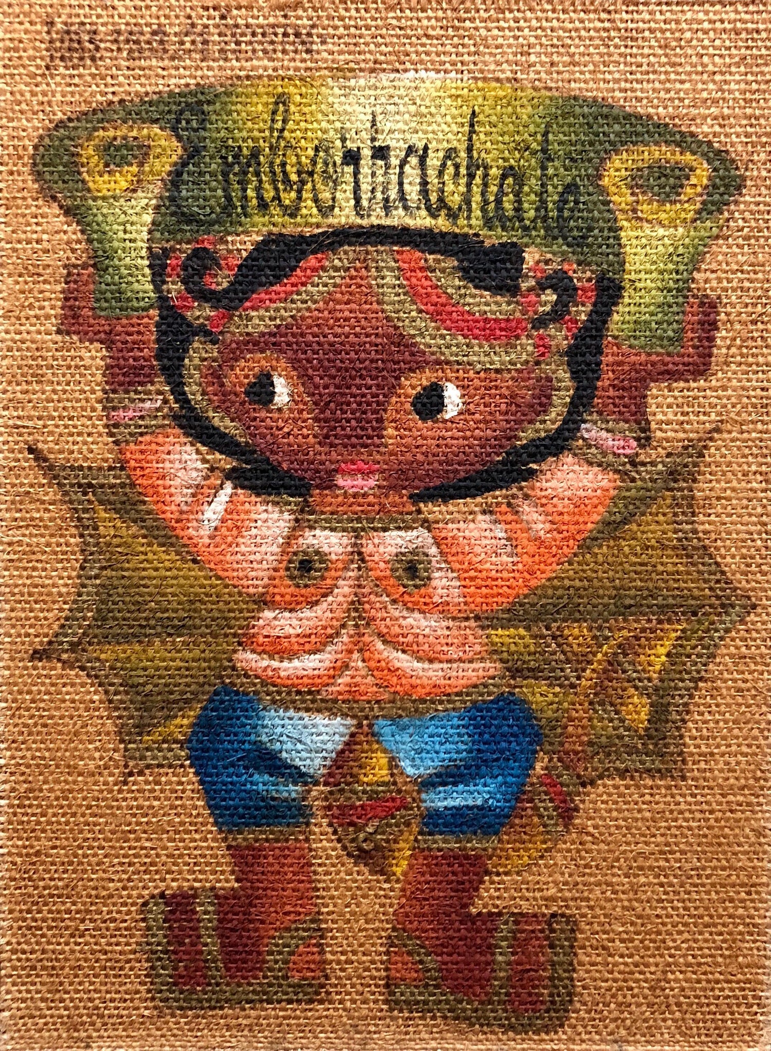 Folk Art Mexican Girl with Watermelon Oil Painting on Burlap