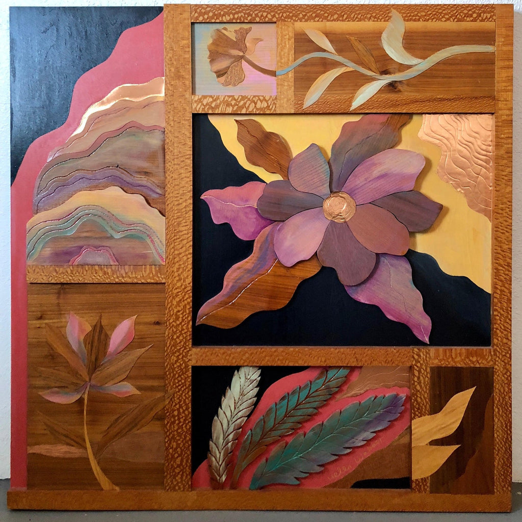 1970s  Large Wood, Copper Inlay Sculpture Wall Relief Tropical Flowers Motif