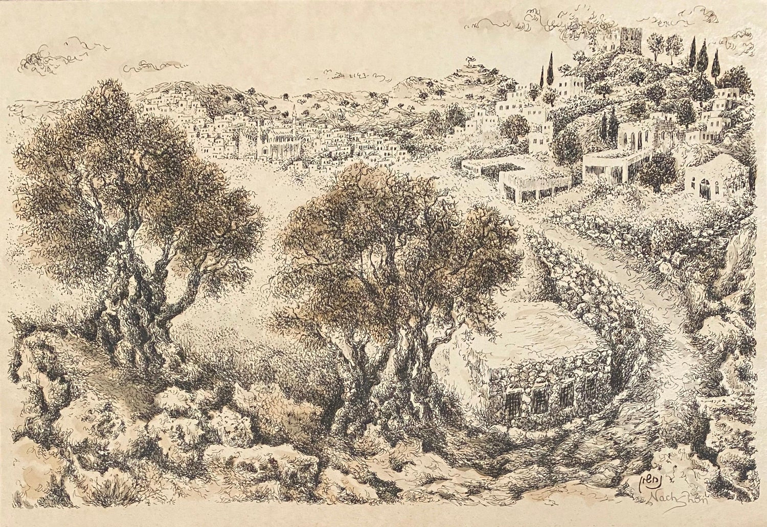Machpela Cave Chevron 1969 Israeli Judaica Lithograph Baruch Nachshon Chabad Art