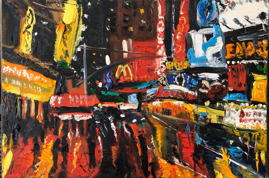 Vibrant New York City Times Square, Figural Abstract Expressionist Oil Painting