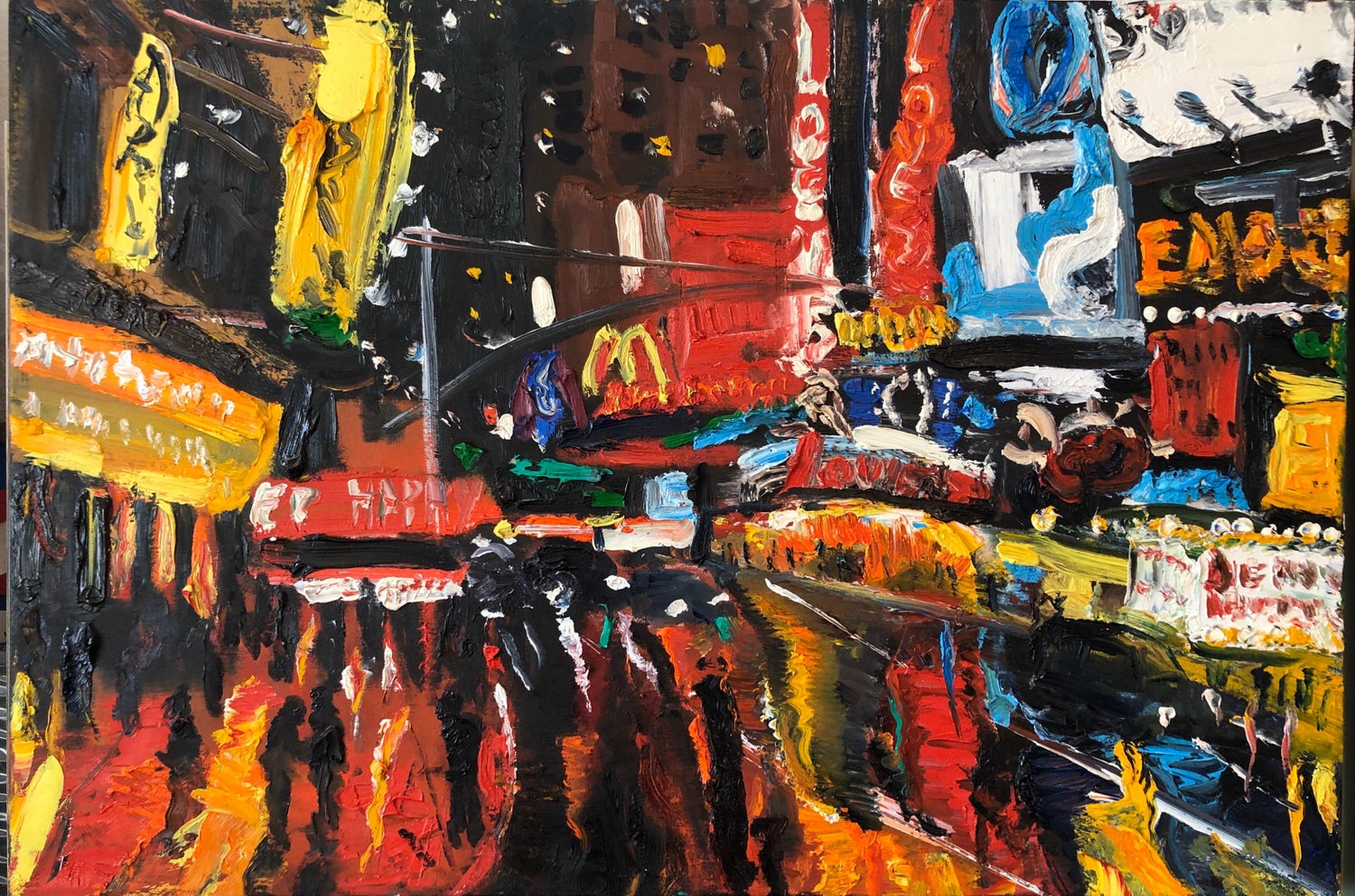Vibrant New York City Times Square, Figural Abstract Expressionist Oil Painting