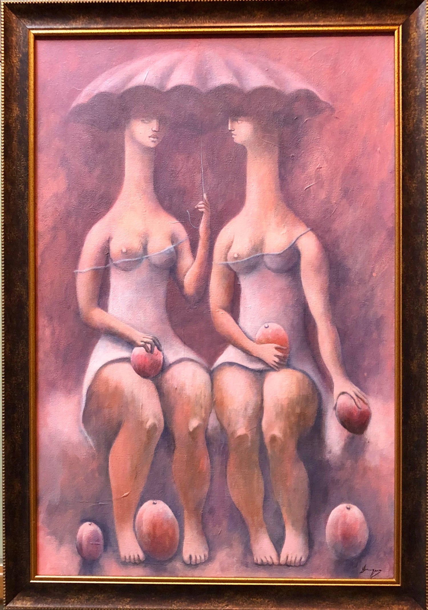 Large Latin American Modernist Oil Paintng Women with Fruit