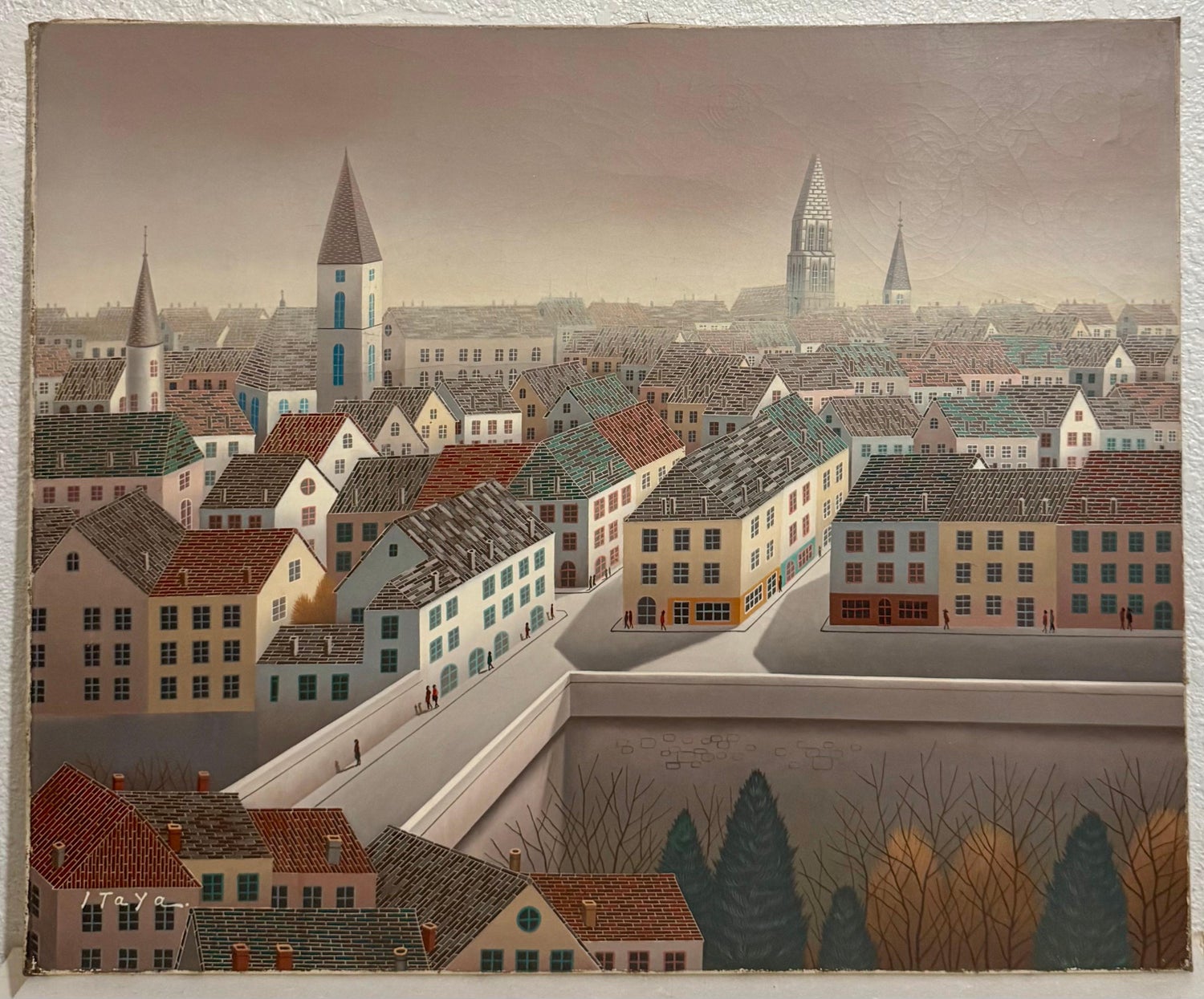 Large Surrealist French Japanese European Cityscape Oil painting Foussa Itaya