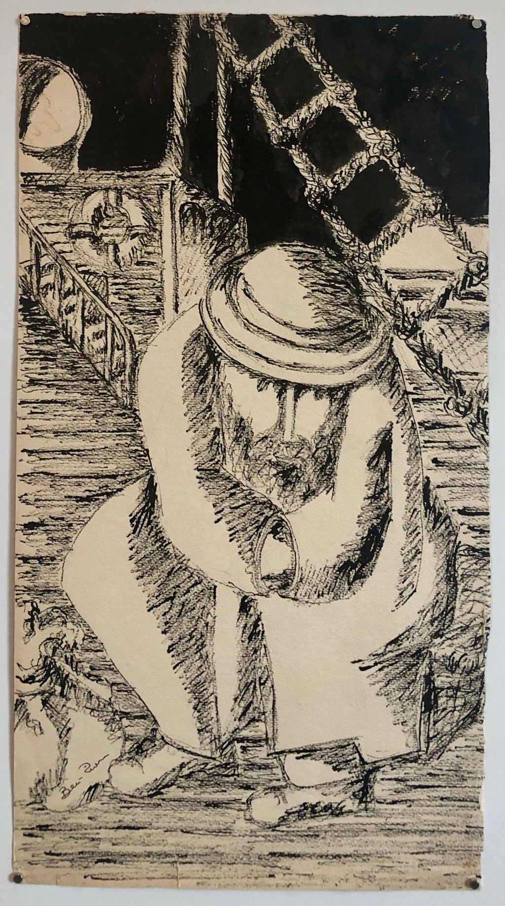 Modernist Judaica Jewish Ink Drawing Painting "New Immigrant" Off the Boat WPA