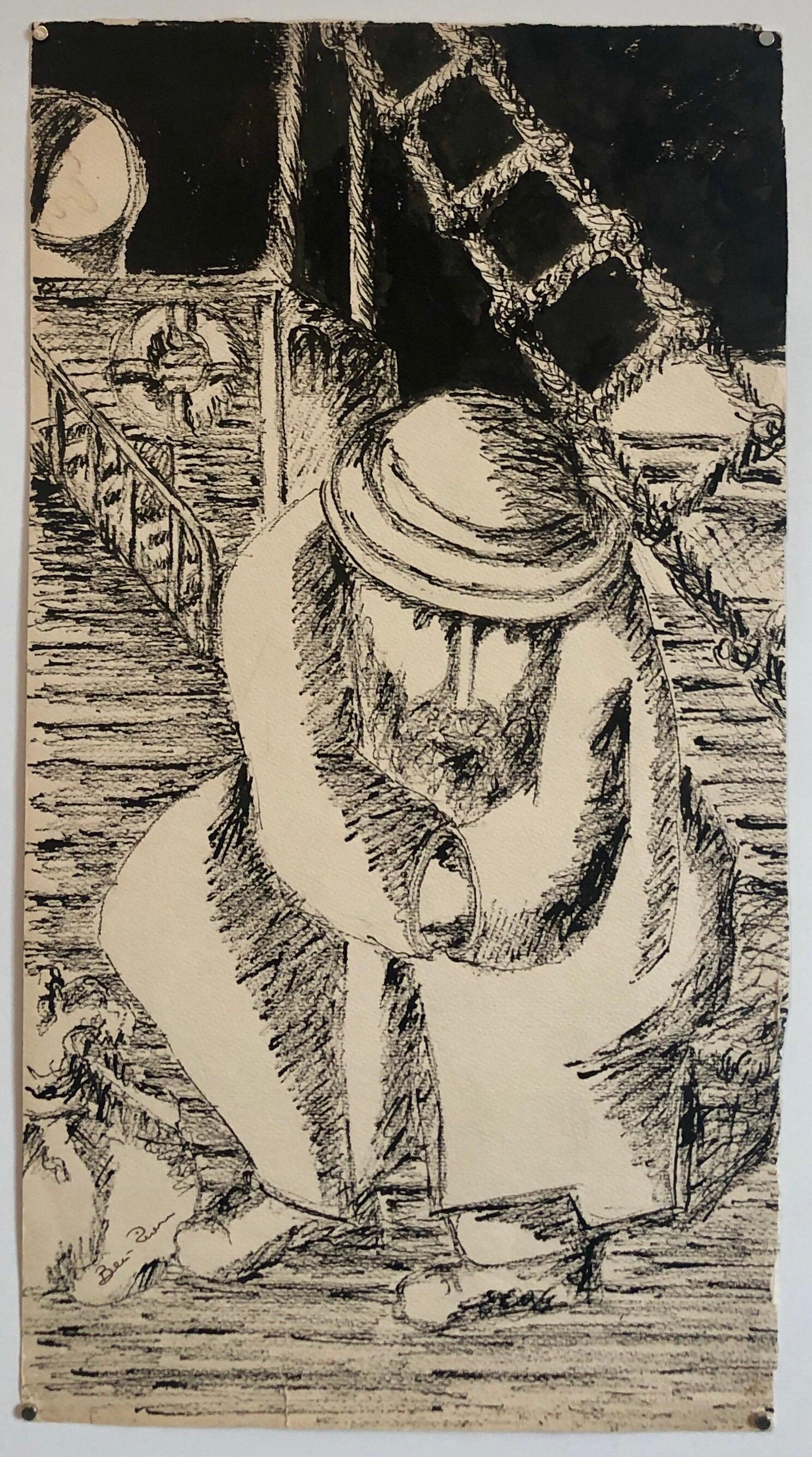 Modernist Judaica Jewish Ink Drawing Painting "New Immigrant" Off the Boat WPA