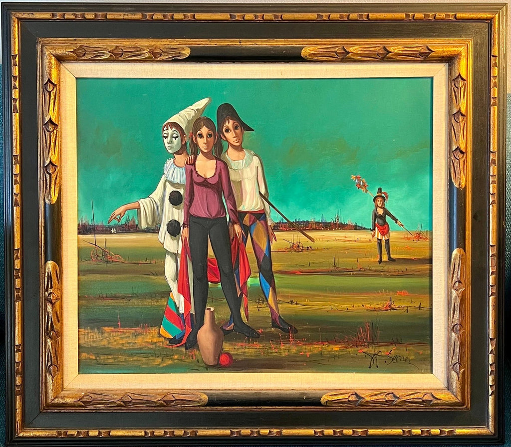 French Mod Surrealist Commedia dell'arte Circus Scene Oil Painting J.P. Serrier