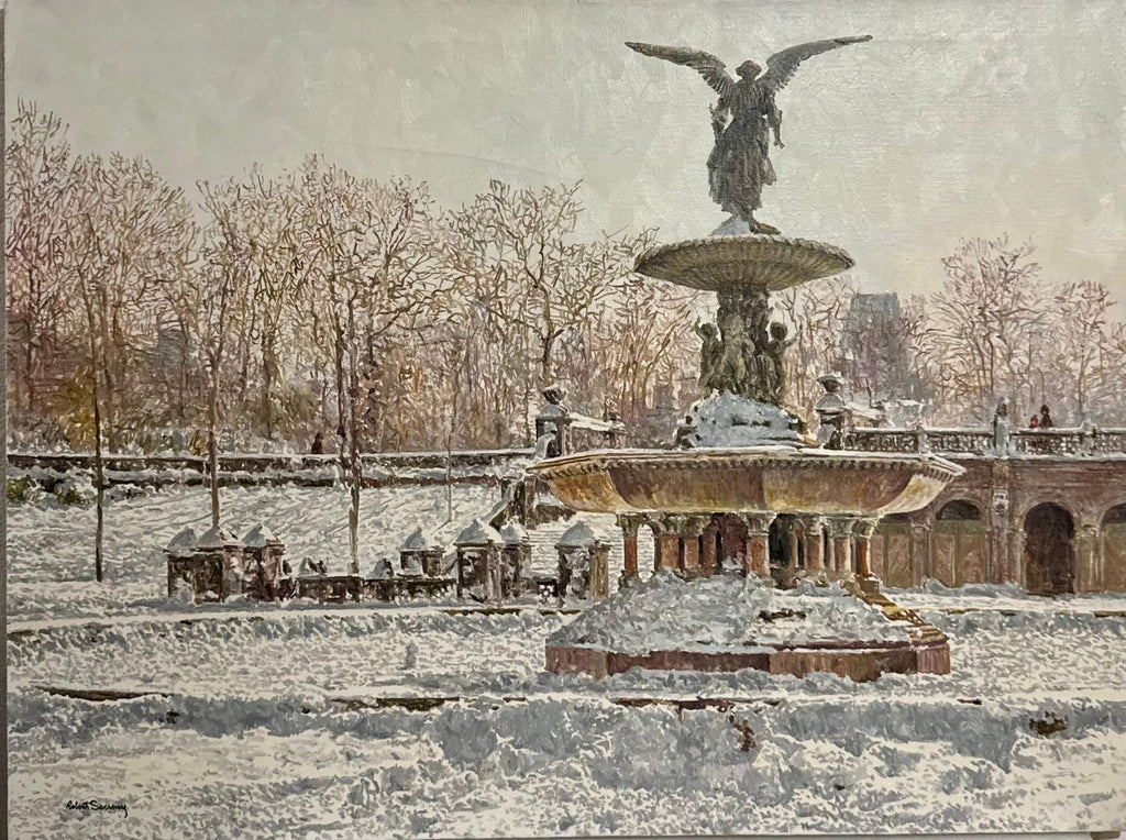 Large Oil Painting Central Park in Winter Robert Sarsony New York City in Snow