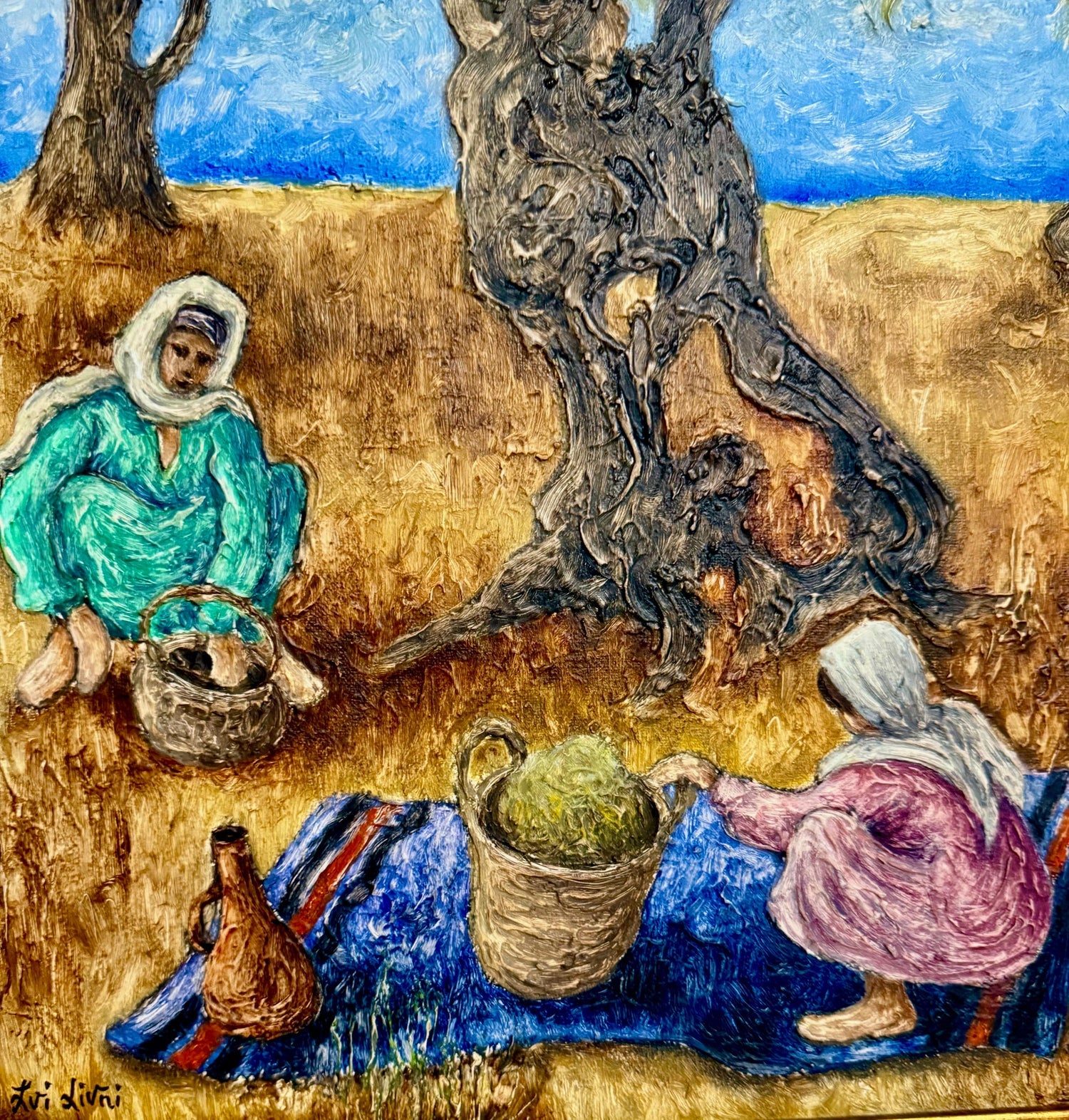 Modernist Picnic Olive Trees Israel Landscape Oil Painting Zvi Livni Israeli Art