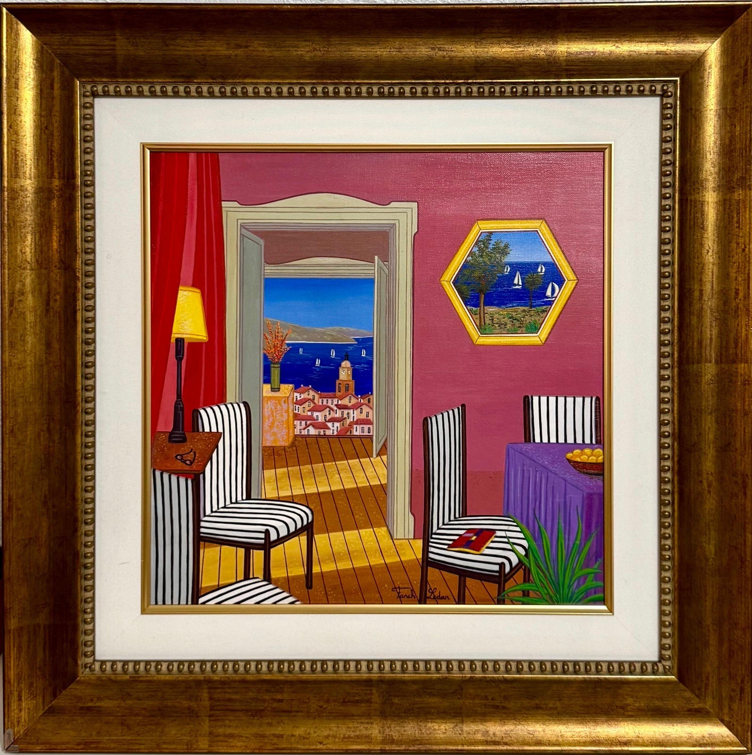 Whimsical Naive Mediterranean Seaside Interior Folk Art Oil Painting Fanch Ledan