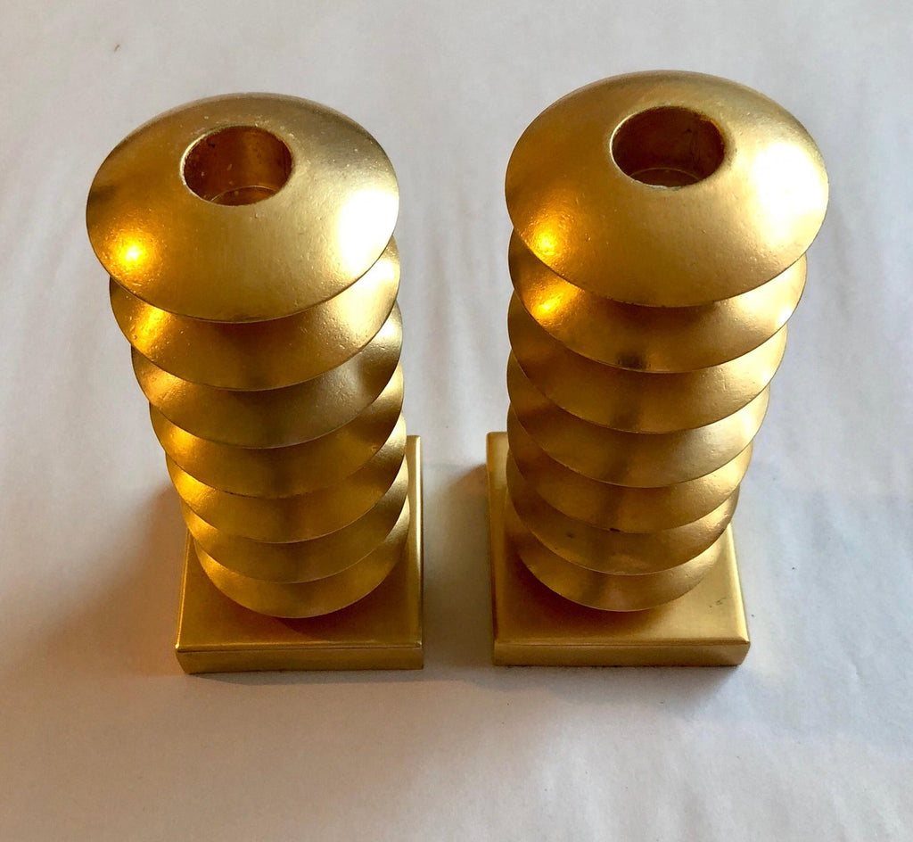 French Gilt Gold Sculpture Sputnik Space Age Post Modern Pair Candlesticks