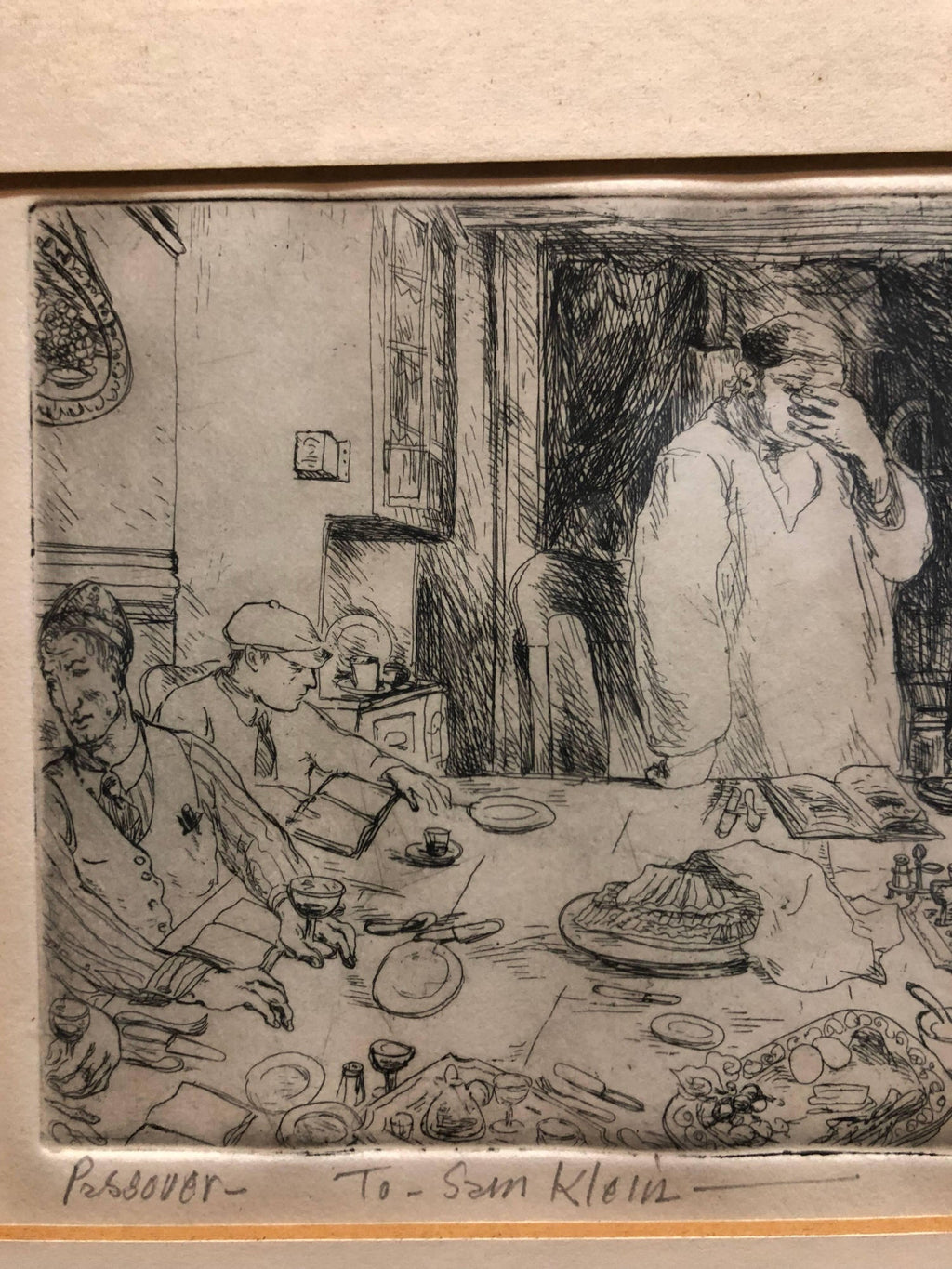 Judaica Etching Passover Seder Scene WPA Artist