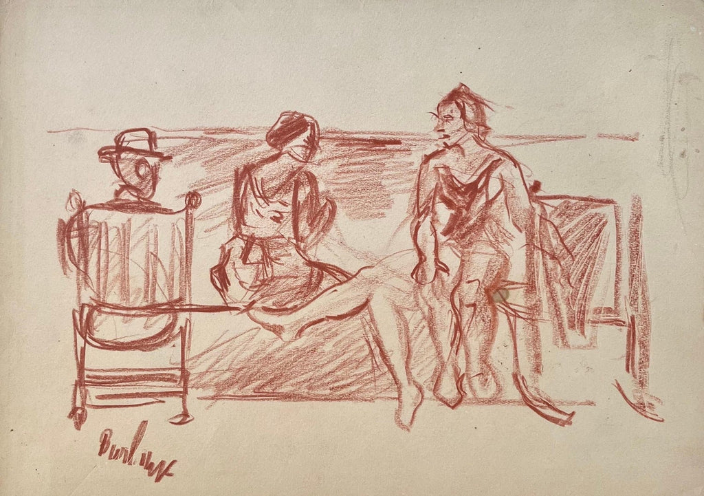 Modernist Conte Crayon Drawing Beach Scene David Burliuk Russian Futurist
