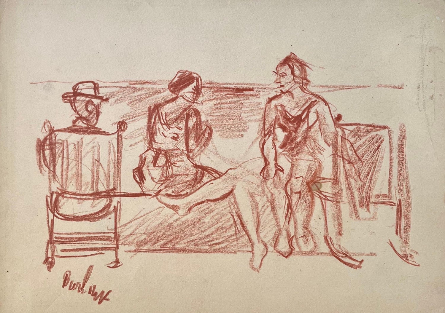 Modernist Conte Crayon Drawing Beach Scene David Burliuk Russian Futurist