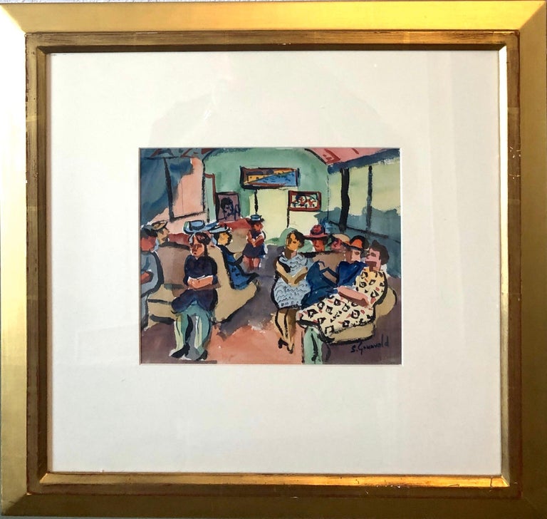 1940's American WPA Modernist New York City Watercolor Painting Subway Riders