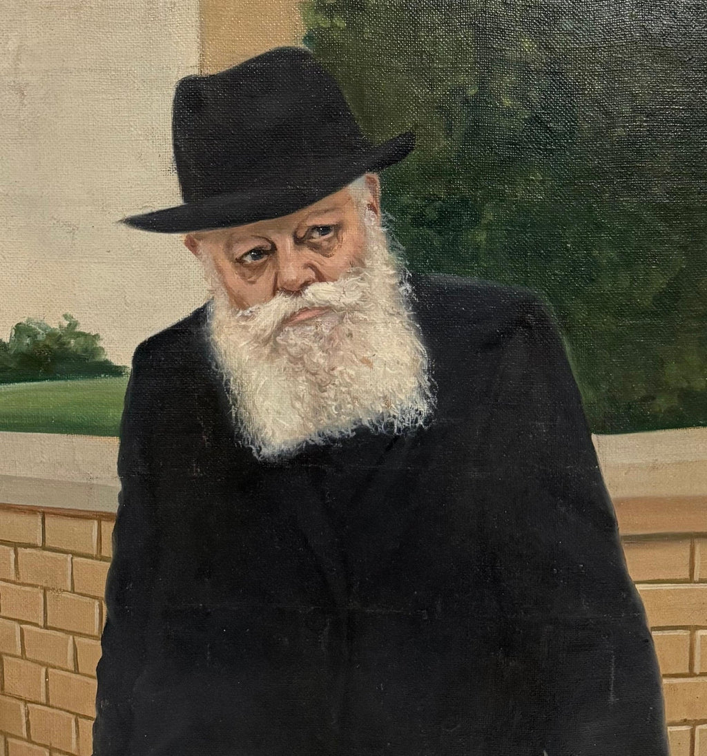 Large Judaica Original Oil Rabbi Painting Lubavitcher Rebbe 770 Chabad, New York