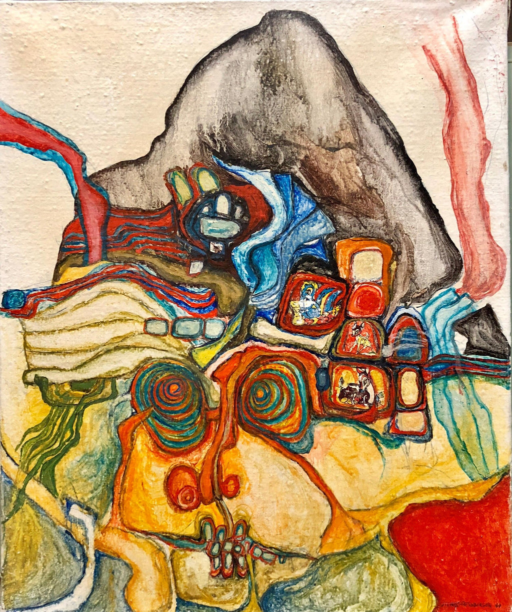 French Jewish Post Holocaust Abstract Painting Manner of Hundertwasser Art Brut