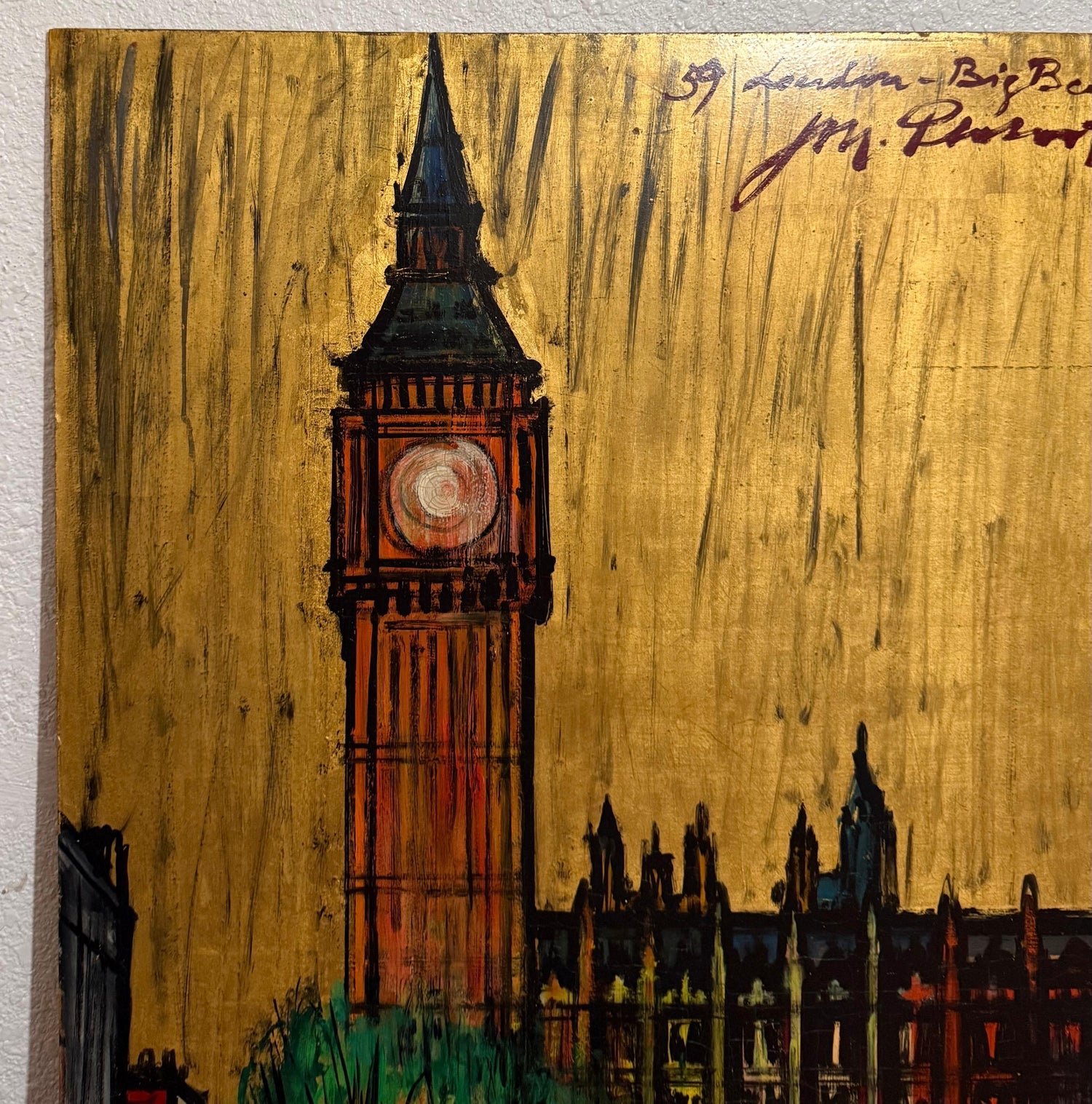 Large London Big Ben Mod Mid Century Architectural Modernist Gold Leaf Painting