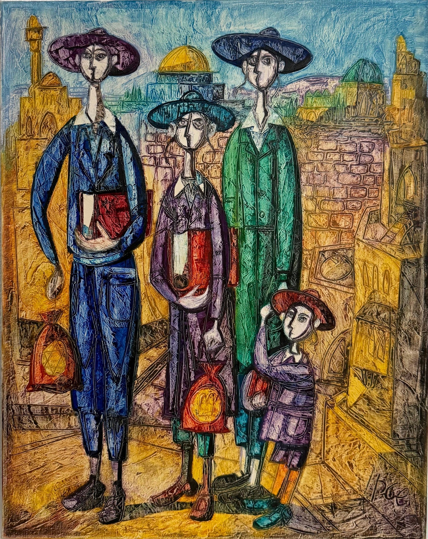 Jerusalem Hasidic Family Oil Painting Israeli Judaica Yossi Stern Bezalel School