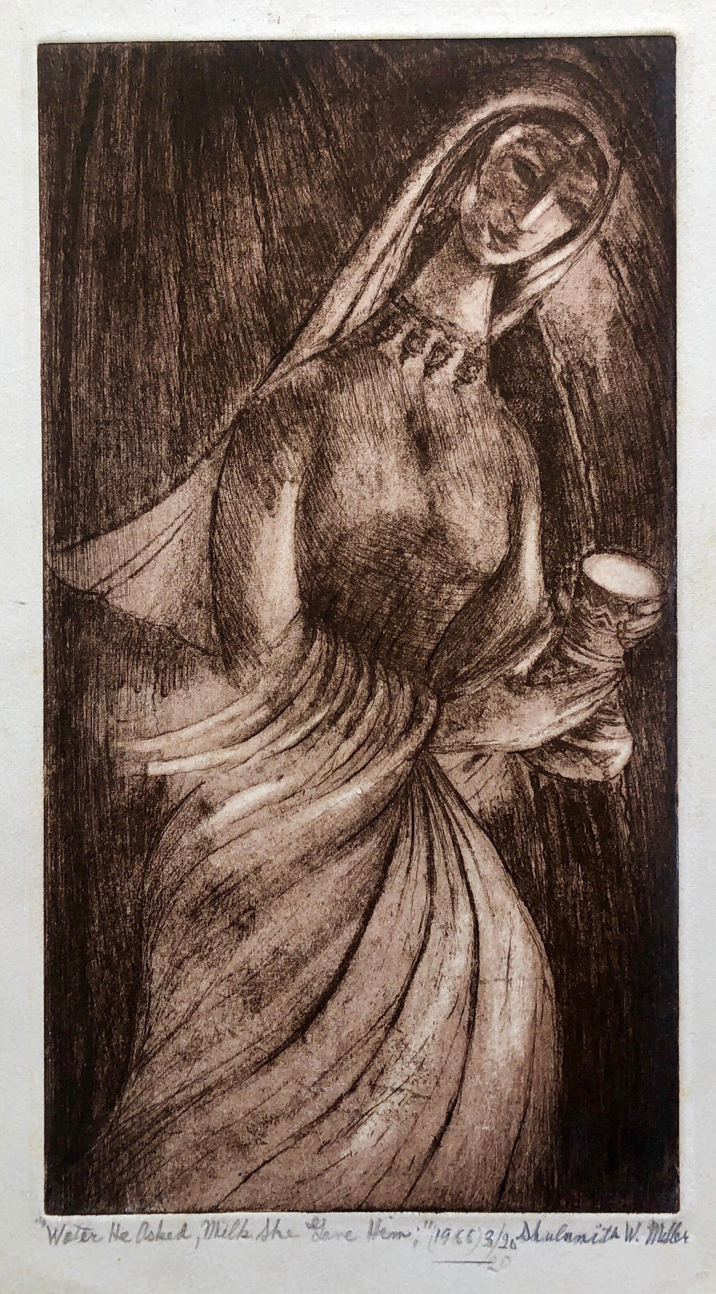"Water He Asked Milk She Gave Him" Etching Israeli Judaica Bezalel School Woman