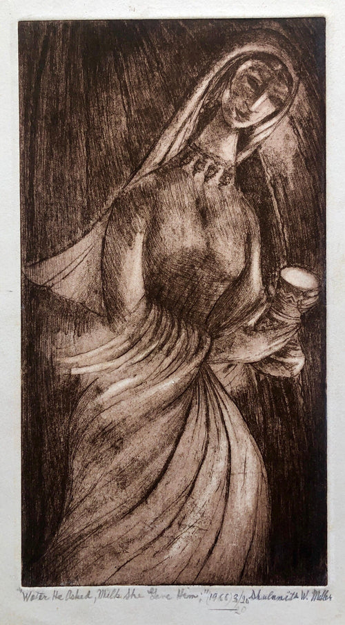 "Water He Asked Milk She Gave Him" Etching Israeli Judaica Bezalel School Woman