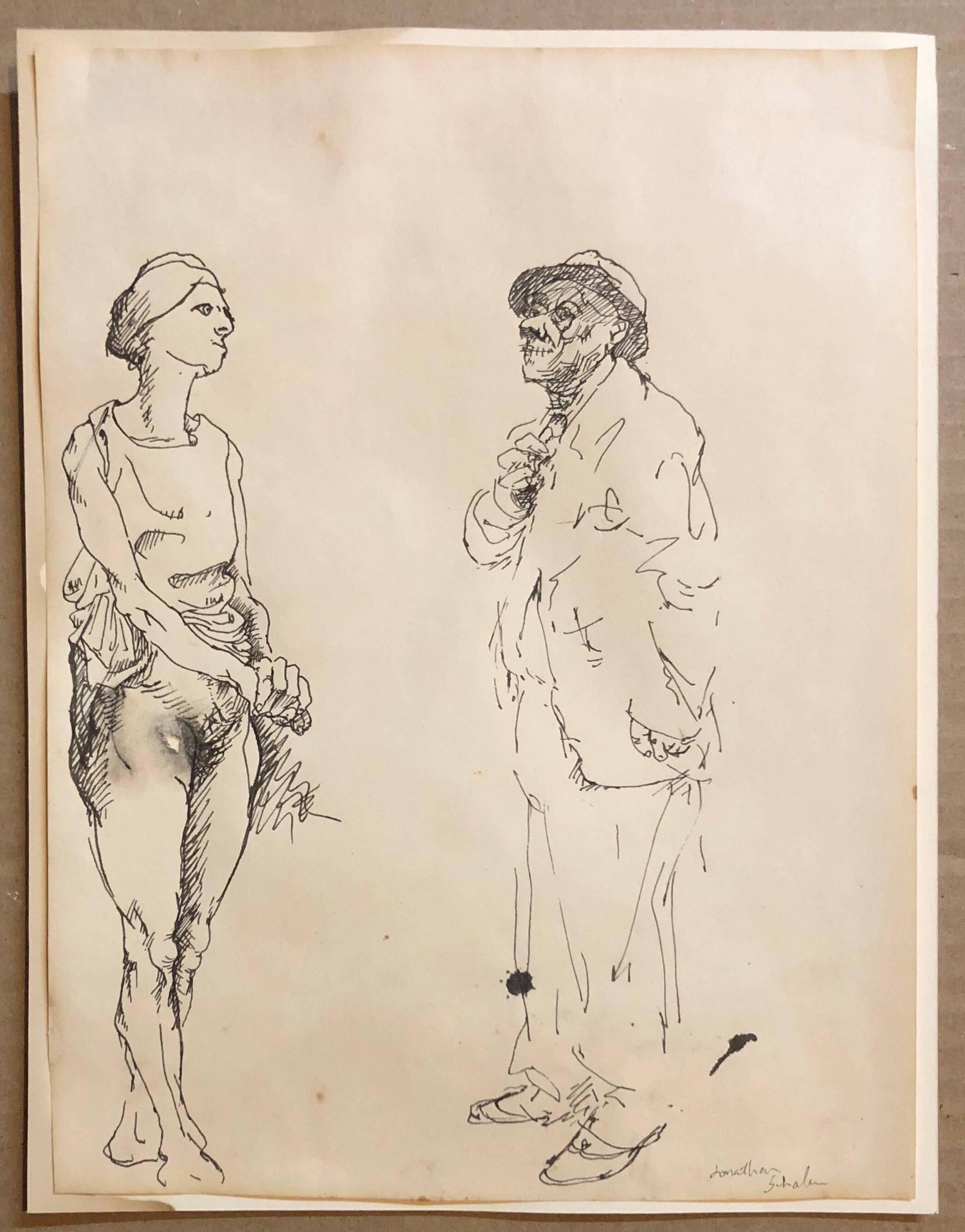 Ink Drawing Man in Suit and Hat with Nude