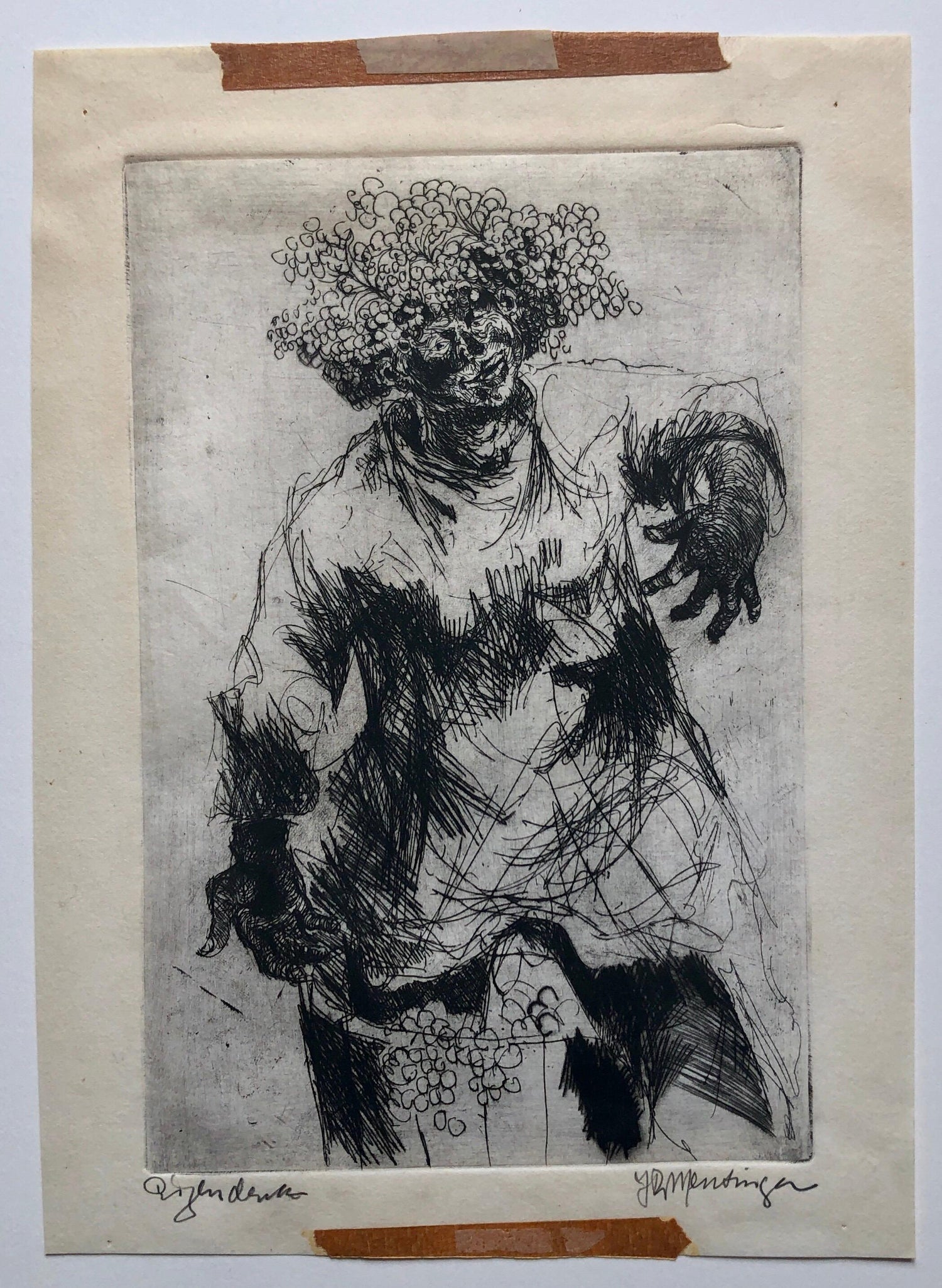 Dutch Fantastic Modern Etching, Jan Mensinga Old Master Style Wine Maker, Grapes