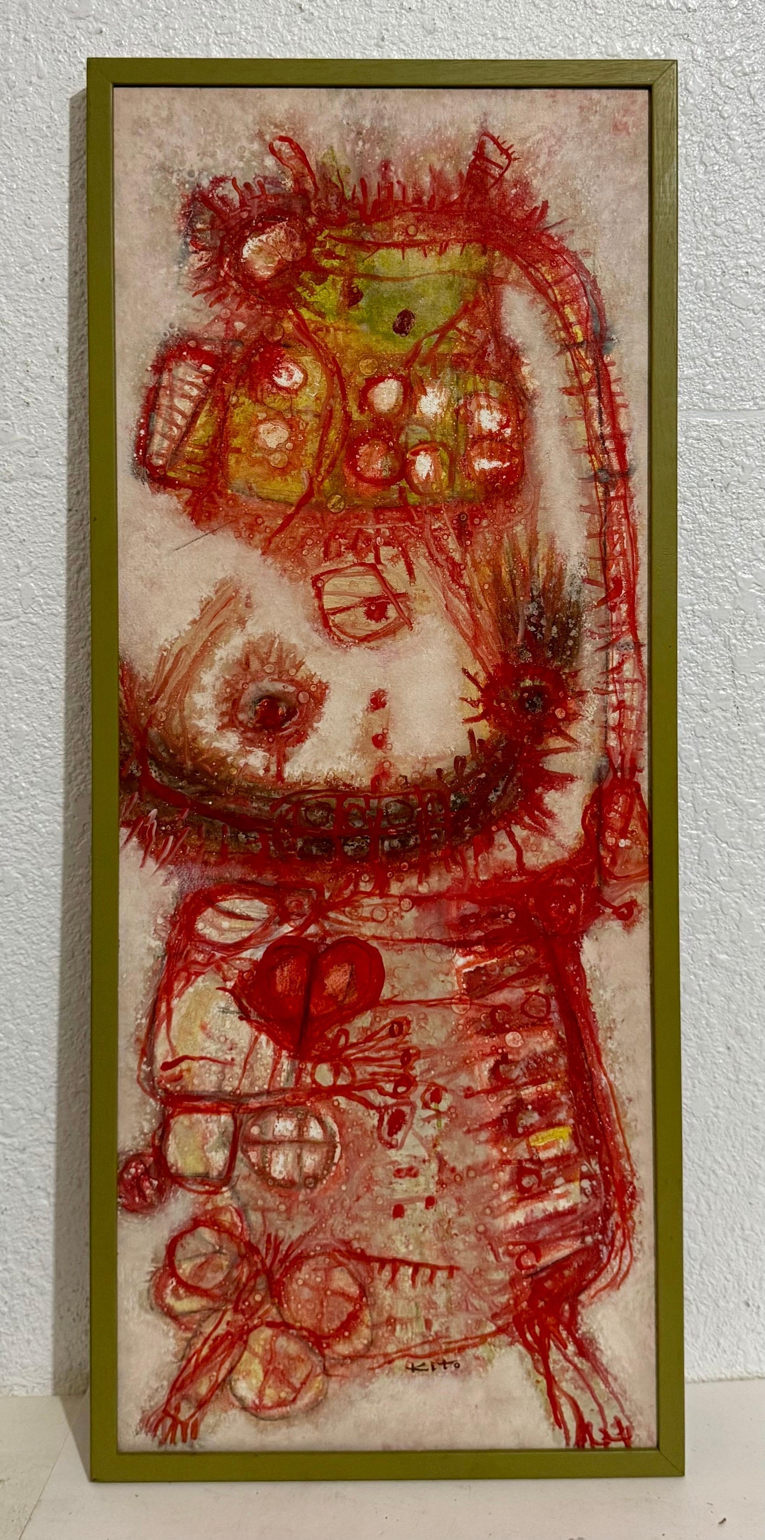 1963 French Japanese Art Brut Abstract Oil Painting Akira Kito Diable et Rouge