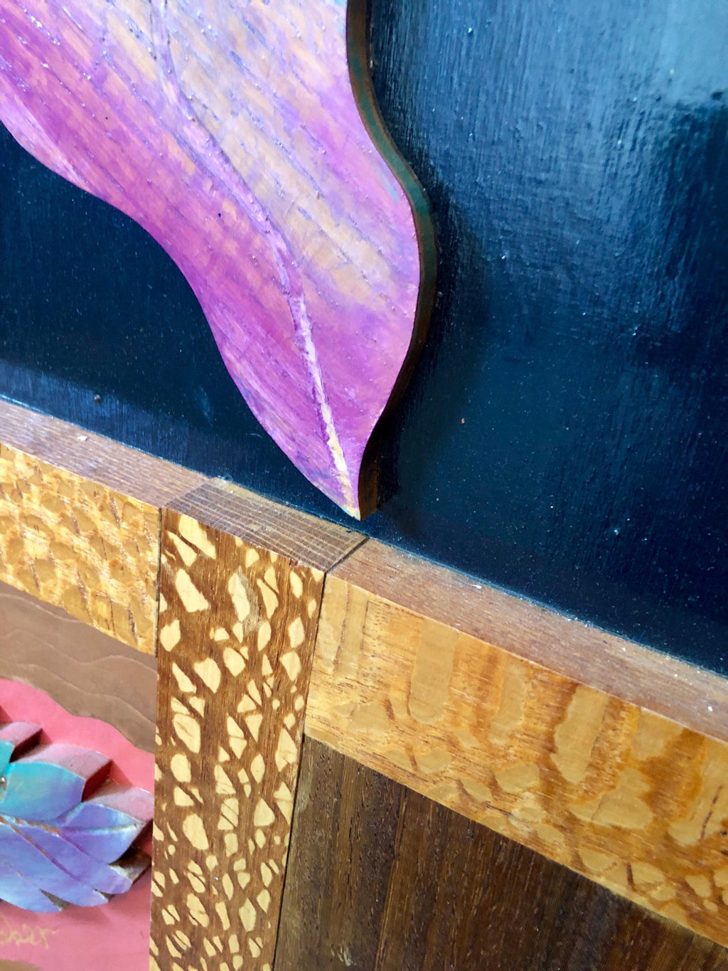 1970s  Large Wood, Copper Inlay Sculpture Wall Relief Tropical Flowers Motif