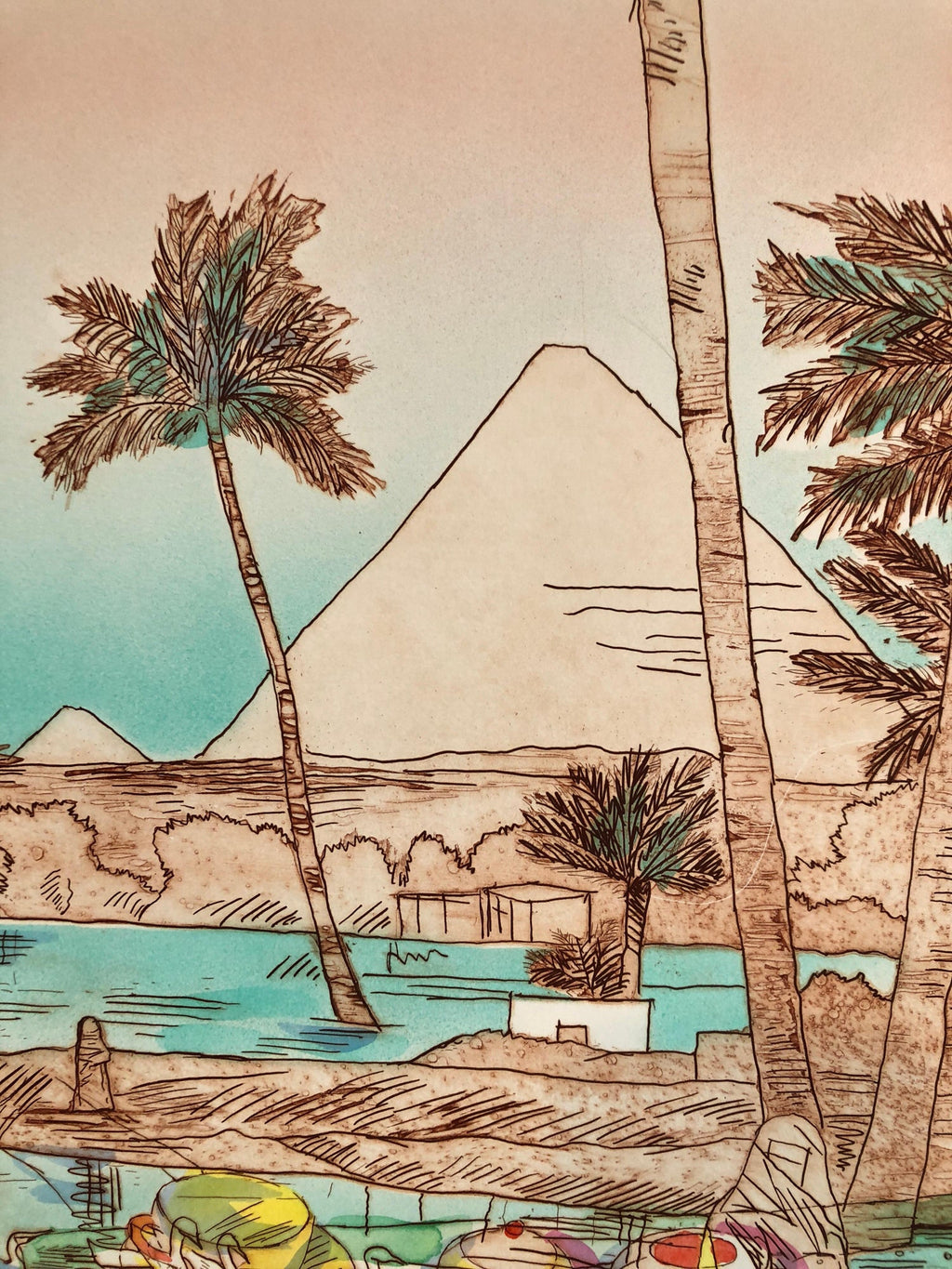 Mystic Cafe, Pyramids Signed Aquatint Etching California Woman Artist Susan Hall