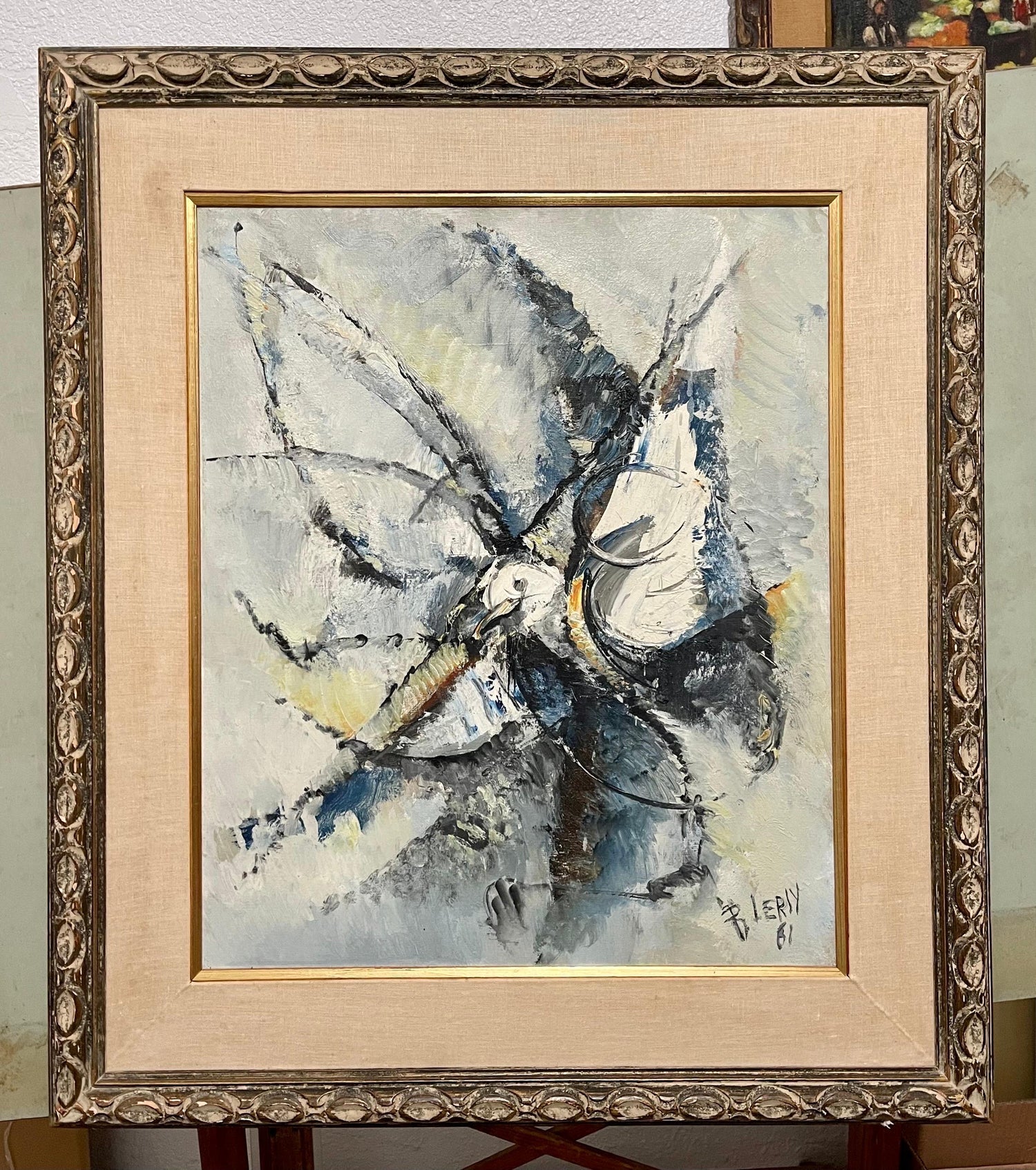 Large Modernist French Abstract Expressionist Colorful Bird Painting Roger Lersy