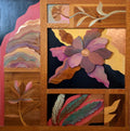 1970s  Large Wood, Copper Inlay Sculpture Wall Relief Tropical Flowers Motif