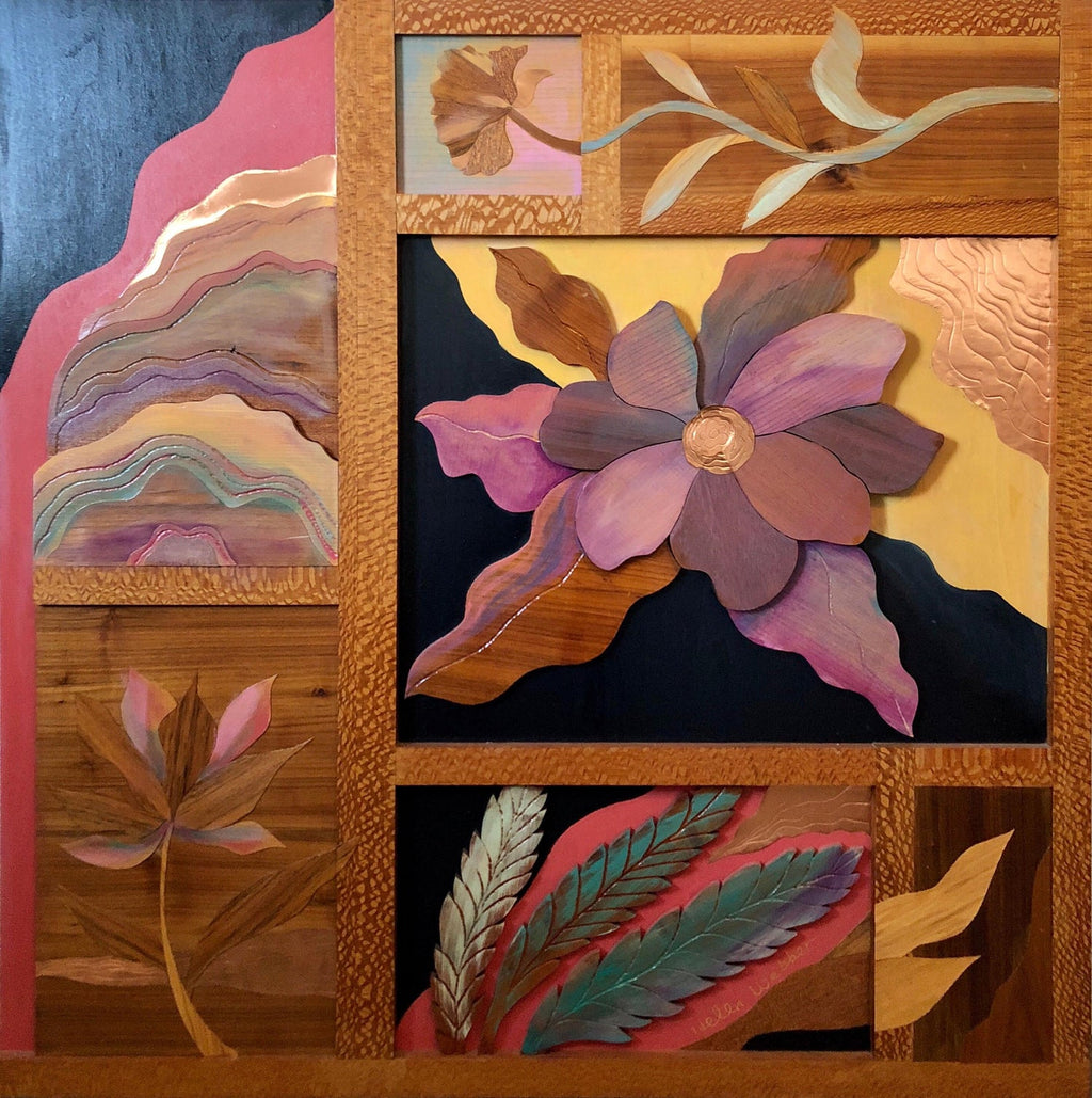 1970s  Large Wood, Copper Inlay Sculpture Wall Relief Tropical Flowers Motif